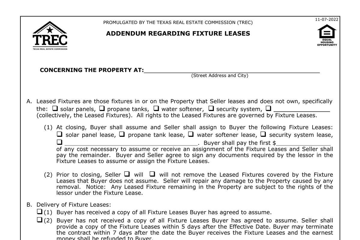 Fixture Lease Addendum in Texas (TREC 52-1 / TXR 1954)