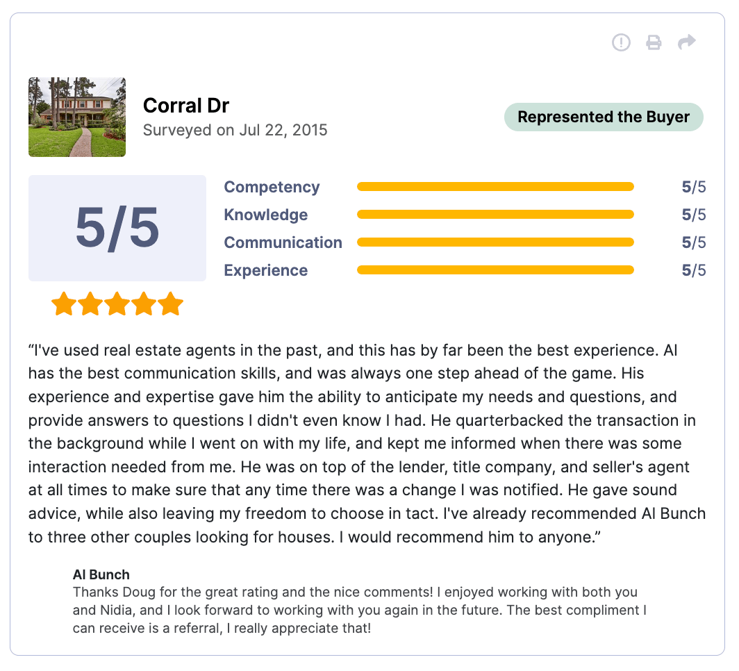HAR Review 5 of 5 stars for Corral Drive I've used real estate agents in the past, and this has by far been the best experience. Al has the best communication skills, and was always one step ahead of the game. His experience and expertise gave him the ability to anticipate my needs and questions, and provide answers to questions I didn't even know I had. He quarterbacked the transaction in the background while I went on with my life, and kept me informed when there was some interaction needed from me. He was on top of the lender, title company, and seller's agent at all times to make sure that any time there was a change I was notified. He gave sound advice, while also leaving my freedom to choose in tact. I've already recommended Al Bunch to three other couples looking for houses. I would recommend him to anyone.