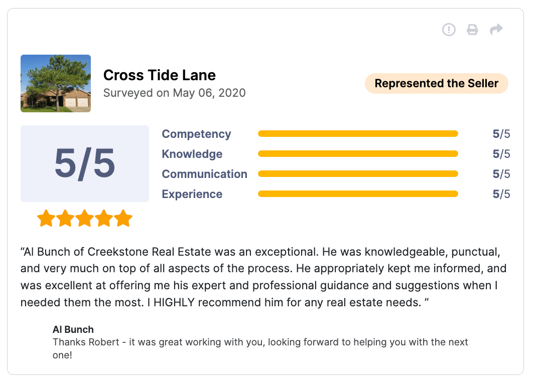 HAR Review 5 of 5 stars for Cross Tide Lane Al Bunch of Creekstone Real Estate was an exceptional. He was knowledgeable, punctual, and very much on top of all aspects of the process. He appropriately kept me informed, and was excellent at offering me his expert and professional guidance and suggestions when I needed them the most. I HIGHLY recommend him for any real estate needs.