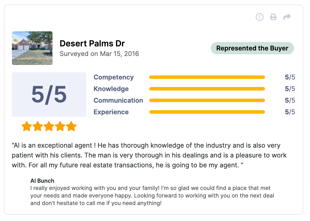HAR Review 5 of 5 stars for Desert Palms Drive Al is an exceptional agent! He has thorough knowledge of the industry and is also very patient with his clients. The man is very thorough in his dealings and is a pleasure to work with. For all my future real estate transactions, he is going to be my agent.