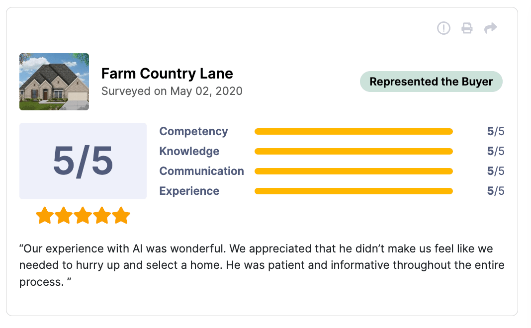 Har Review 5 of 5 stars for Farm Country Lane Our experience with Al was wonderful. We appreciated that he didn't make us feel like we needed to hurry up and select a home. He was patient and informative throughout the entire process.