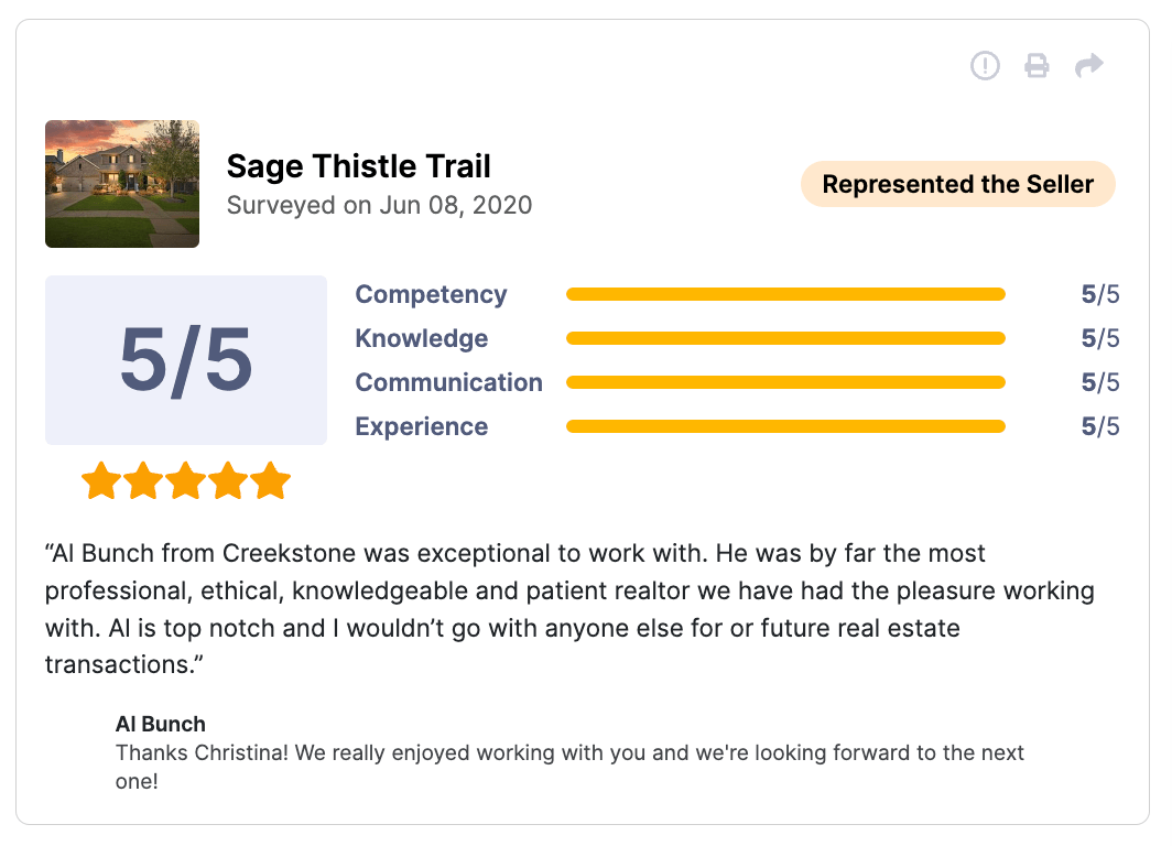 HAR Review 5 of 5 stars for Sage Thistle Lane Al Bunch from Creekstone was exceptional to work with. He was by far the most professional, ethical, knowledgeable and patient realtor we have had the pleasure working with. Al is top notch and I wouldn't go with anyone else for or future real estate transactions.