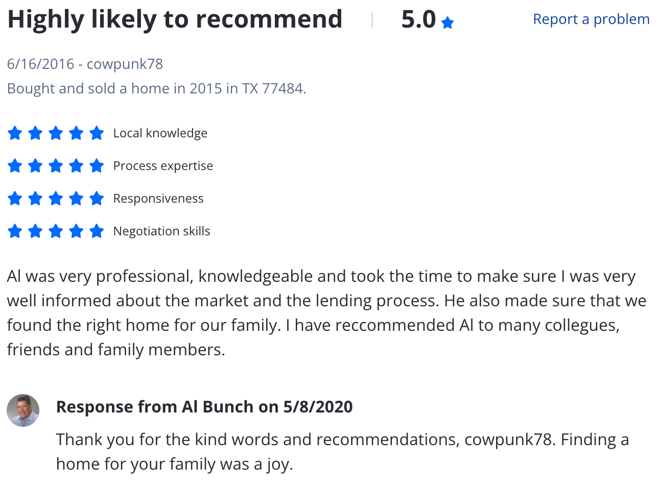 Zillow 5 star review Al was very professional, knowledgeable and took the time to make sure I was very well informed about the market and the lending process. He also made sure that we found the right home for our family. I have recommended Al to many collegues, friends and family members.