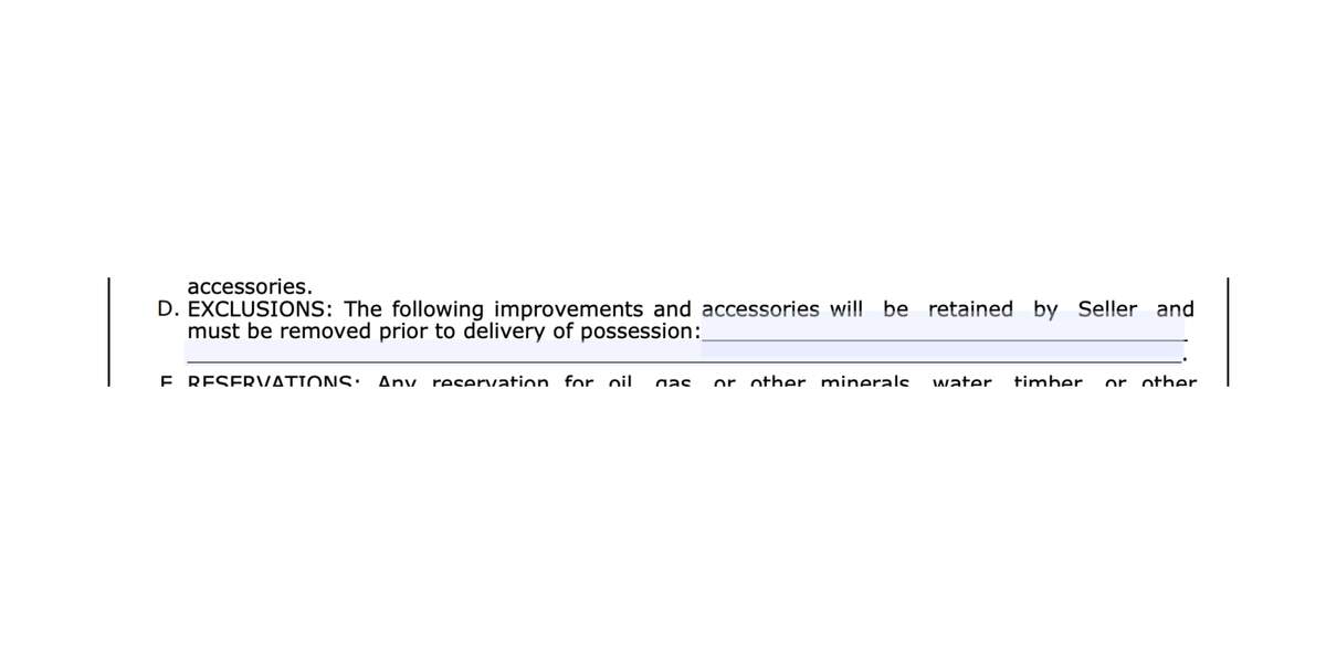 TREC 20-17 residential contract Item 2D showing exclusions from home sale