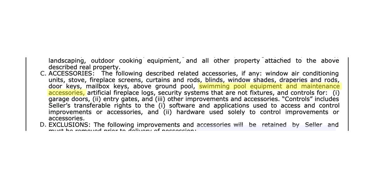 TREC 20-17 residential contract Item 2C showing accessories included in home sale
