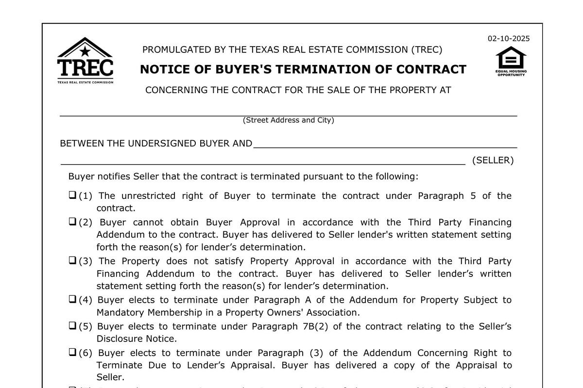 Notice of Buyer's Termination of Contract in Texas (TREC 38-8 / TXR 1902)
