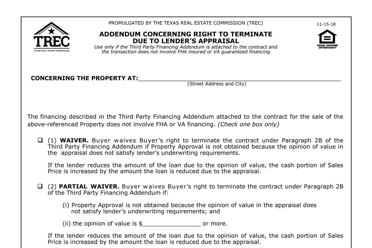 Addendum Concerning Right to Terminate Due to Lender's Appraisal (TREC 49-1 / TXR 1948)