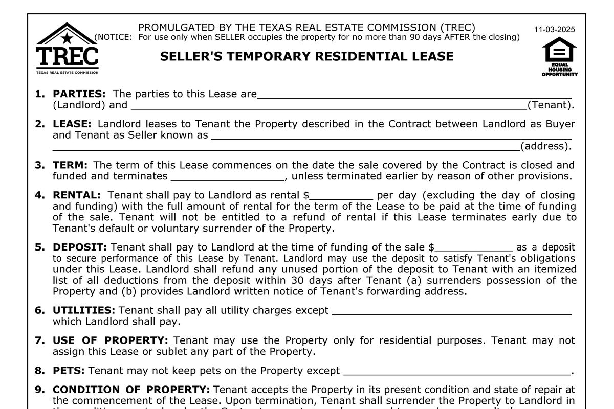 Seller's Temporary Residential Lease in Texas (Leaseback)